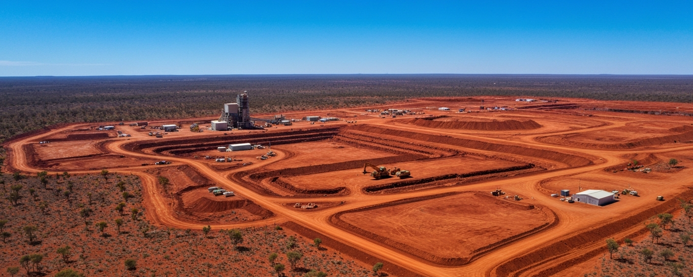 Exploration camp in the Australian outback landscape with drilling equipment