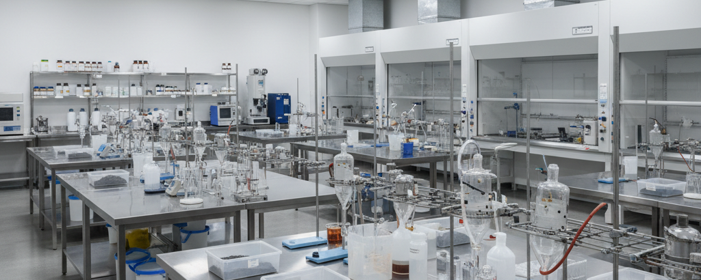 Metallurgisches Labor mit Erzproben und Aufbereitungsgeräten für Lithium-Projekte