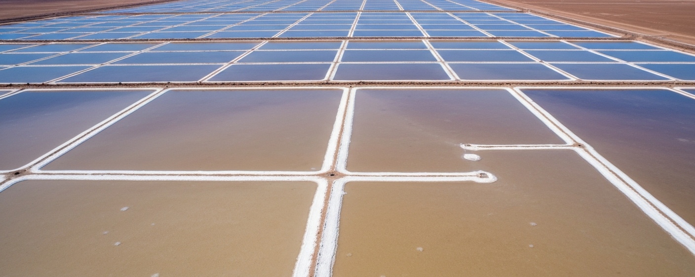 Luftaufnahme eines Lithium-Verdunstungsteich-Rasters auf einem Salar in aridем Tageslicht