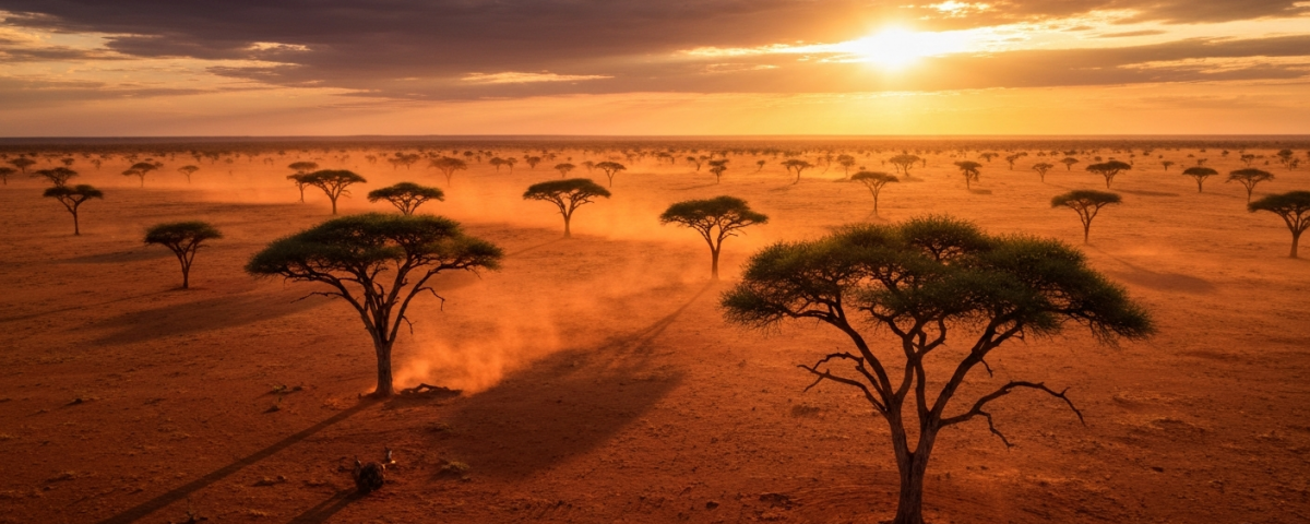 Explorationsbohrung in einer kargen afrikanischen Savannenlandschaft bei Sonnenuntergang