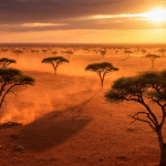 Explorationsbohrung in einer kargen afrikanischen Savannenlandschaft bei Sonnenuntergang
