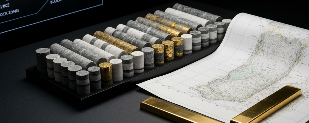 Geological drill core samples in a tray alongside a geological map and gold bars illustrating NI 43-101 resource and res