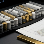 Geological drill core samples in a tray alongside a geological map and gold bars illustrating NI 43-101 resource and res