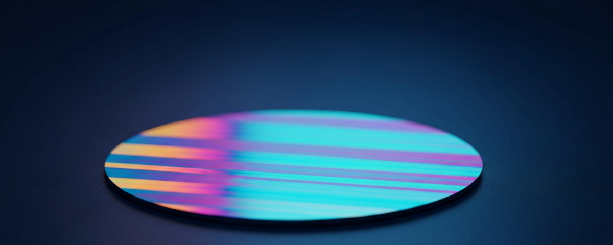 Silizium-Wafer mit irisierendem Cyan-Magenta-Interferenzmuster auf Reinraum-Untergrund