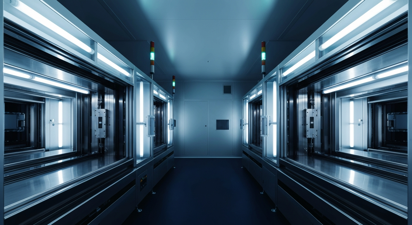 EUV-Lithografie-Anlage in einem Reinraum mit kalt-blauem Neonlicht