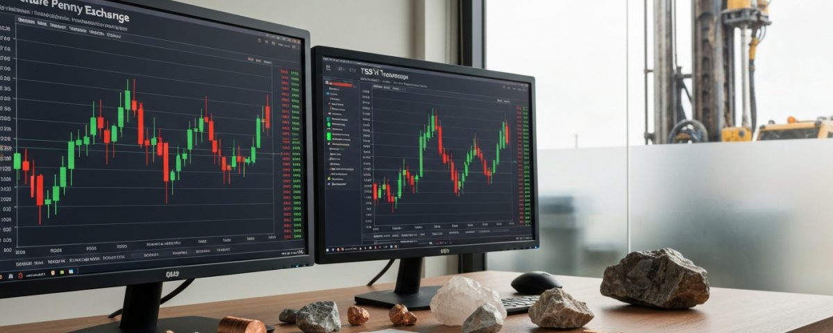 TSX-V penny stock trading screens alongside junior mining ore samples on a desk