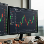 TSX-V penny stock trading screens alongside junior mining ore samples on a desk