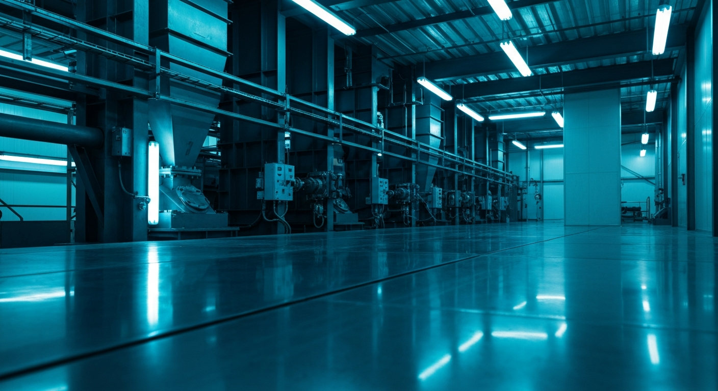 Industrielle Mineralaufbereitungsanlage unter kühlem Neonlicht