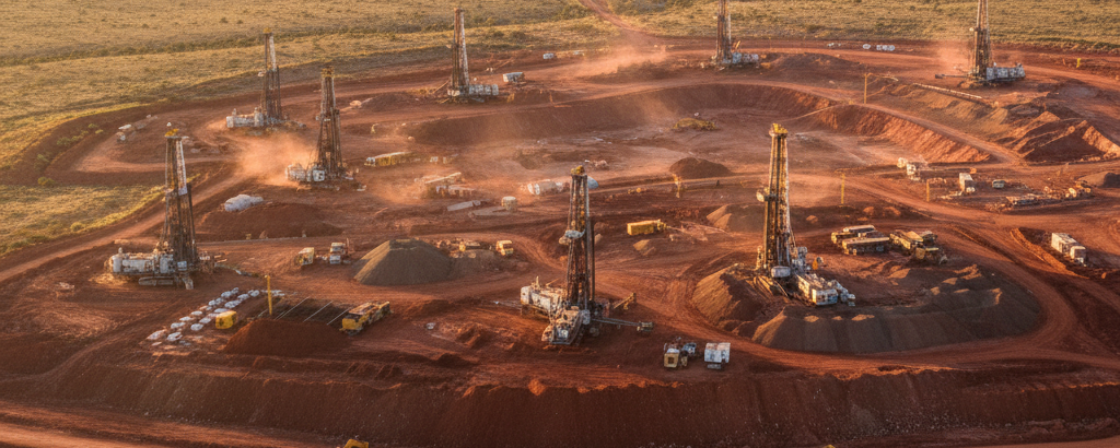 Luftaufnahme eines Explorationsgeländes in der australischen Outback mit Bohrturm und roter Erde