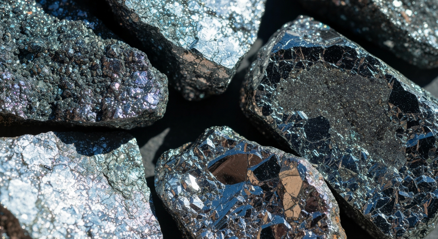Chromit-Erzproben und Bohrkerne auf einem geologischen Arbeitstisch im Feldlabor