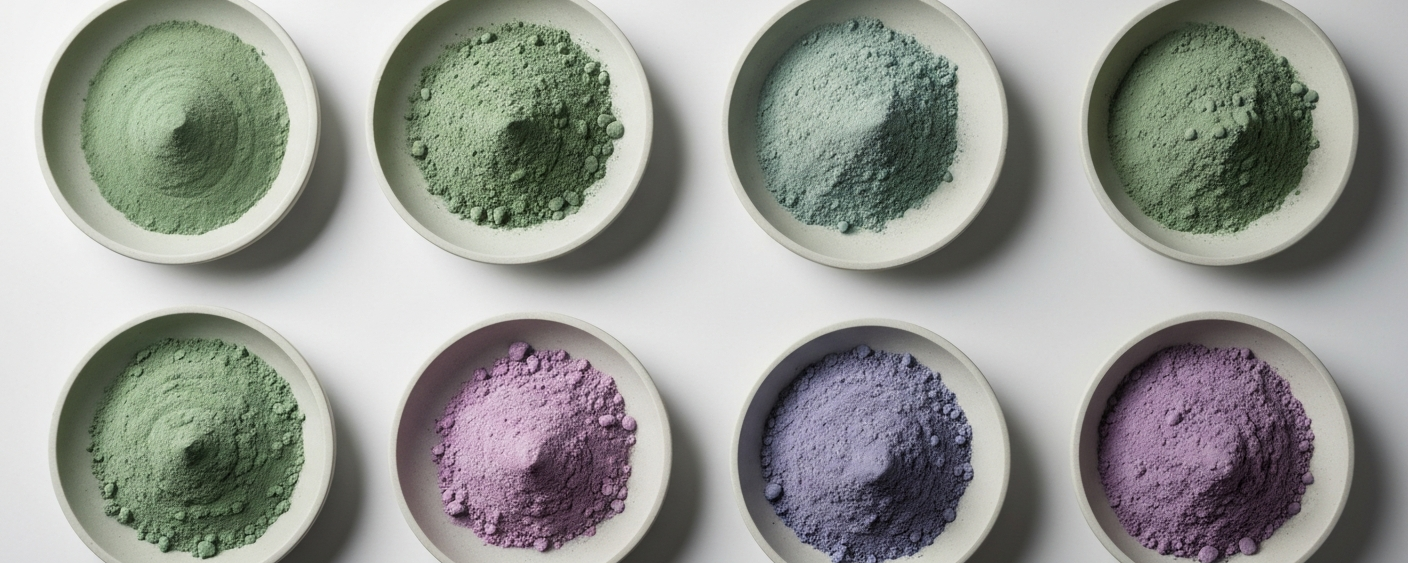 Rare earth oxide samples in various muted colors on a white laboratory surface