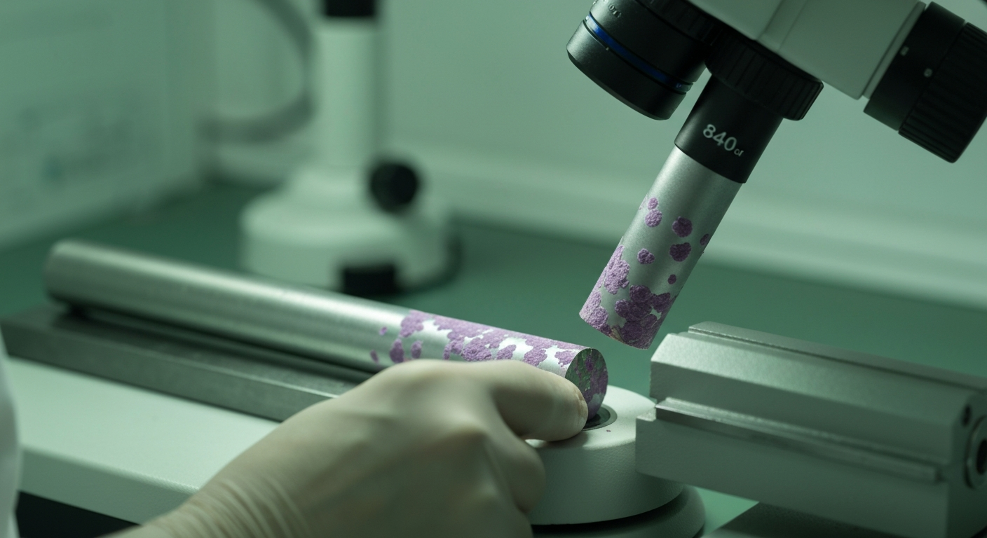 Geologist examining a drill core with rare earth mineralization under a laboratory microscope