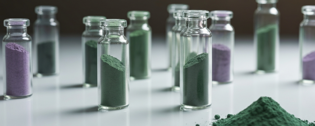 Seltene-Erden-Oxidproben in Glasfläschchen auf weißer Laborfläche mit gedämpften Grün- und Lilatönen