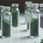 Seltene-Erden-Oxidproben in Glasfläschchen auf weißer Laborfläche mit gedämpften Grün- und Lilatönen