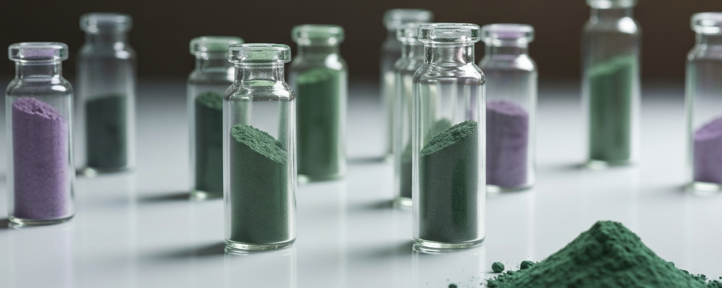 Seltene-Erden-Oxidproben in Glasfläschchen auf weißer Laborfläche mit gedämpften Grün- und Lilatönen