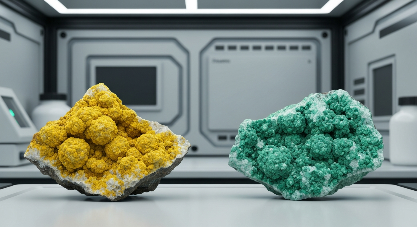 Proben von Seltene-Erden-Mineralien auf einem Labortisch neben geologischen Karten