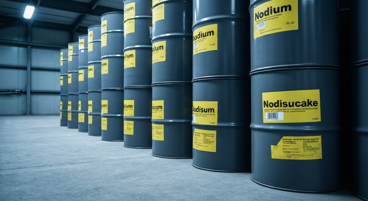 Yellowcake drums on a concrete floor in an industrial storage facility with cool blue lighting