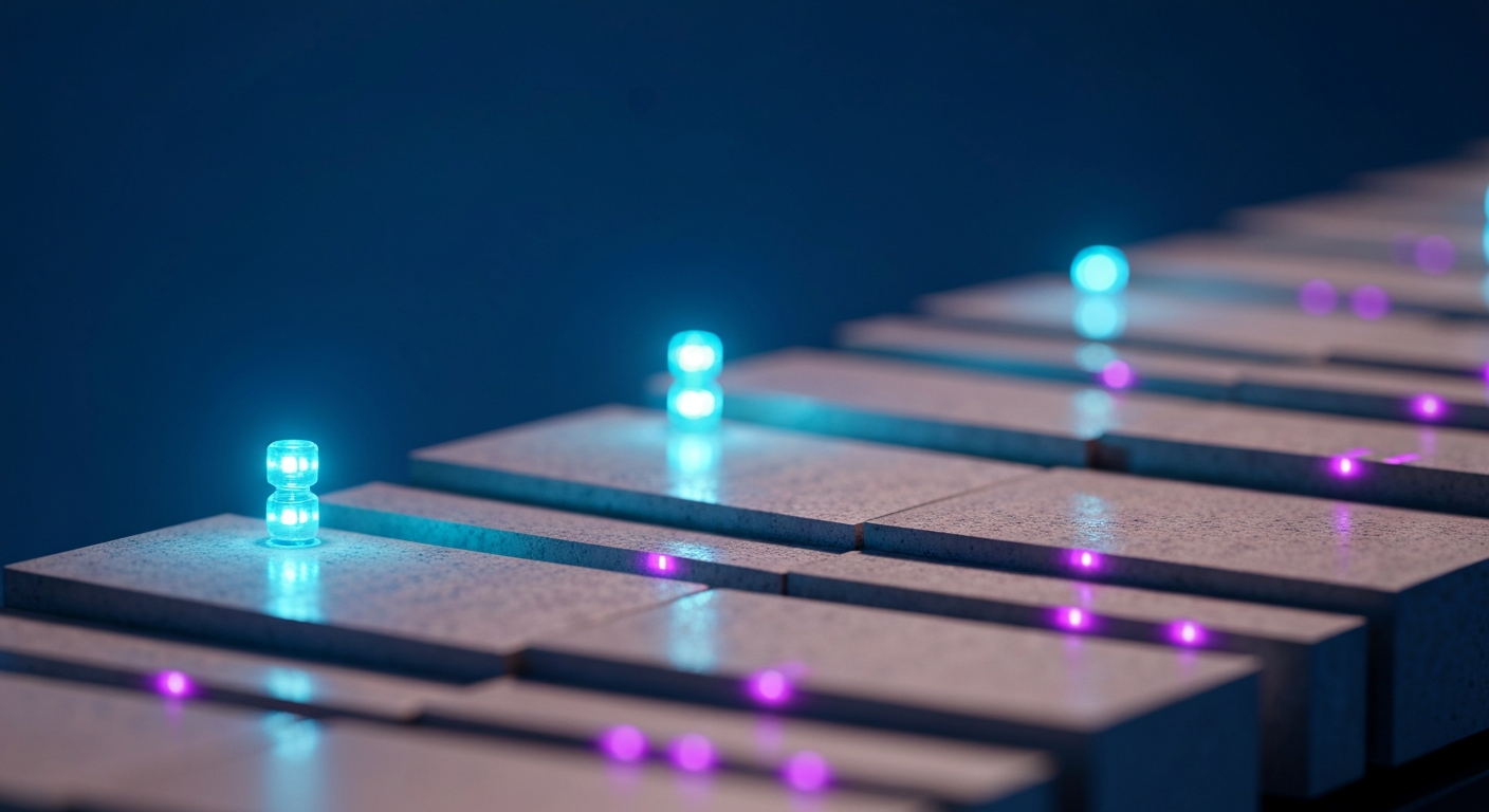 Festoxid-Brennstoffzellen-Stack mit leuchtenden Cyan-Indikatoren in technischer Umgebung
