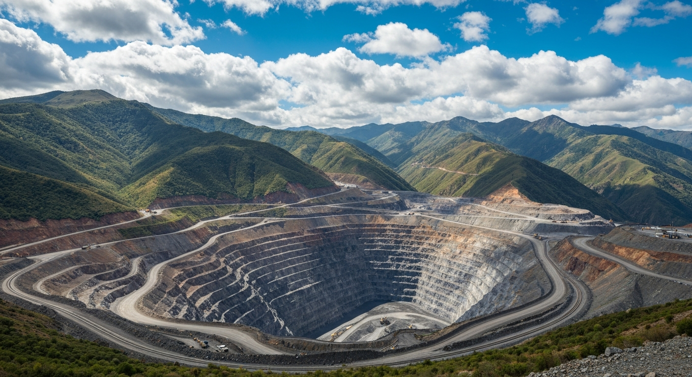 Aerial view of a mining operation in a tropical mountain landscape with dramatic clouds