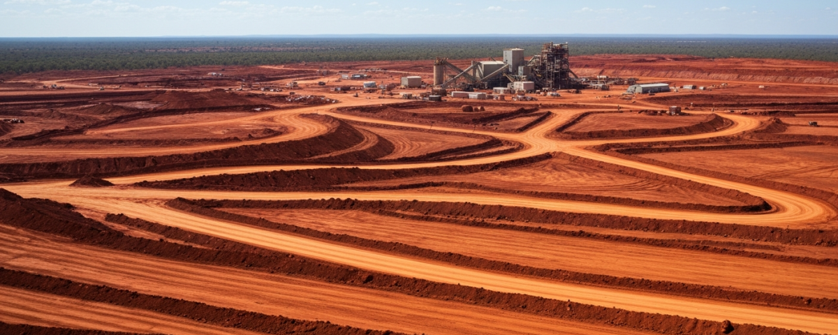 Fernab gelegenes Explorationscamp im australischen Outback mit Bohrausrüstung und roten Staublandschaften