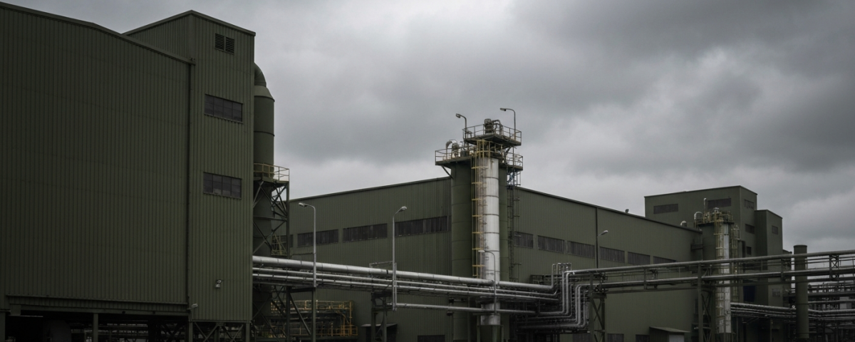 Wolfram-Verarbeitungsanlage unter bewölktem Himmel in gedämpften Industriefarben