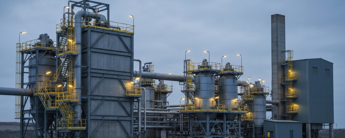 Uranverarbeitungsanlage unter bedecktem Himmel mit stählern-blauer Industriekulisse