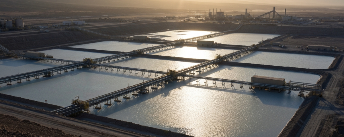 Lithium-Tagebau in Wüstenlandschaft aus der Vogelperspektive mit industrieller Förderinfrastruktur
