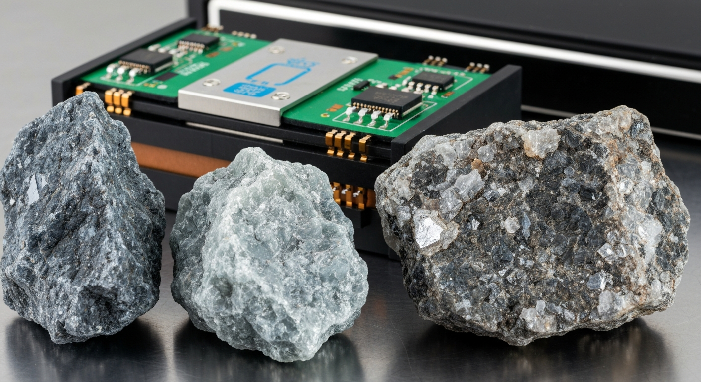 Industrielle Batteriezellenkomponenten neben Lithiumgesteinsproben auf Metalloberfläche