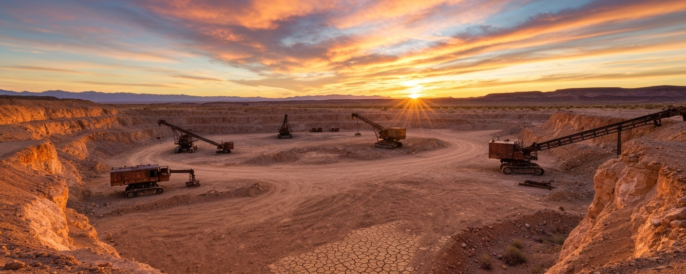 Tungsten mine in a desert landscape at sunset with mining machinery in the background