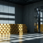 Gestapelte Goldbarren in einem Tresor unter dramatischer Beleuchtung