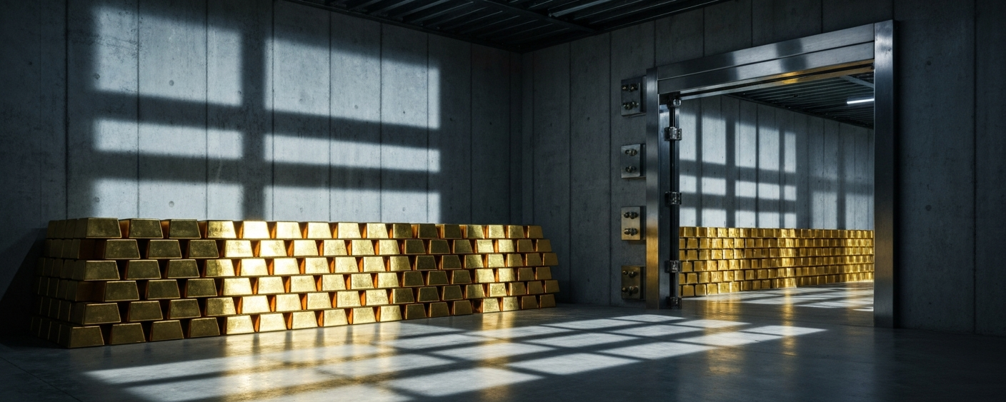 Gestapelte Goldbarren in einem Tresor unter dramatischer Beleuchtung