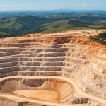 Luftbild einer brasilianischen Pegmatit-Abbauregion mit hellen Gesteinsformationen und blauem Himmel