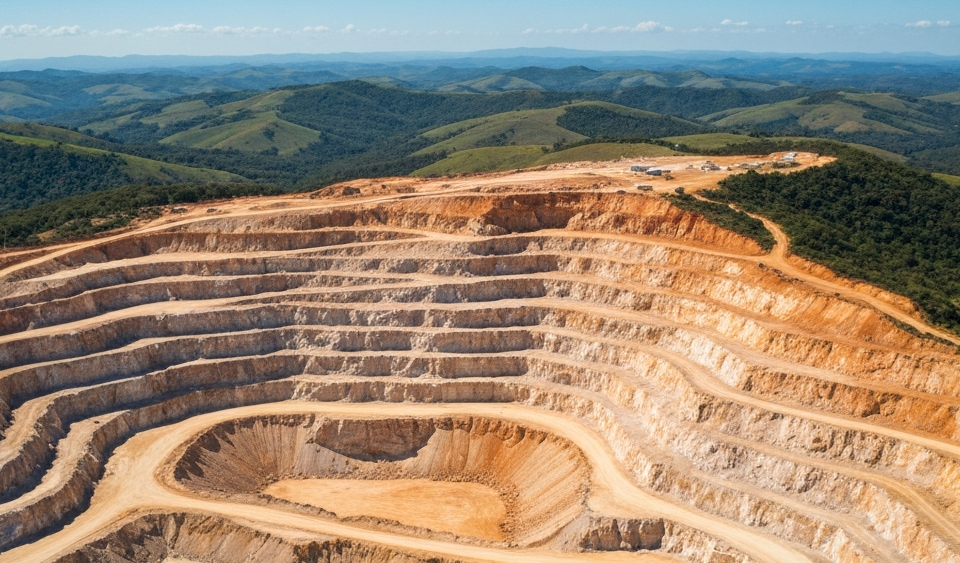Luftbild einer brasilianischen Pegmatit-Abbauregion mit hellen Gesteinsformationen und blauem Himmel