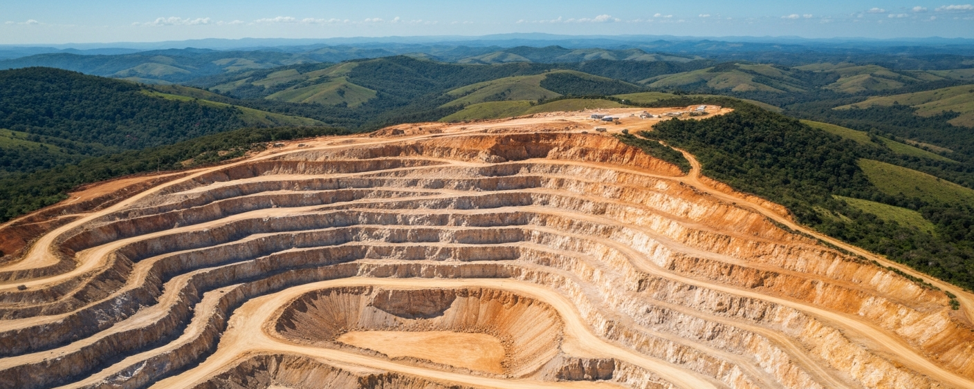 Luftbild einer brasilianischen Pegmatit-Abbauregion mit hellen Gesteinsformationen und blauem Himmel