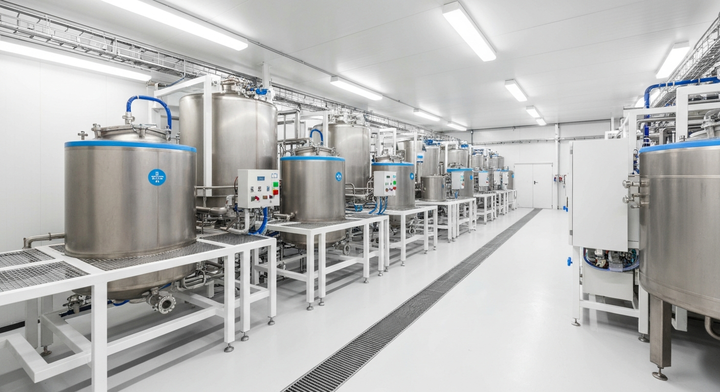 Verarbeitungsanlage für Lithiumkarbonat mit weißen Oberflächen und modernen Industrietanks