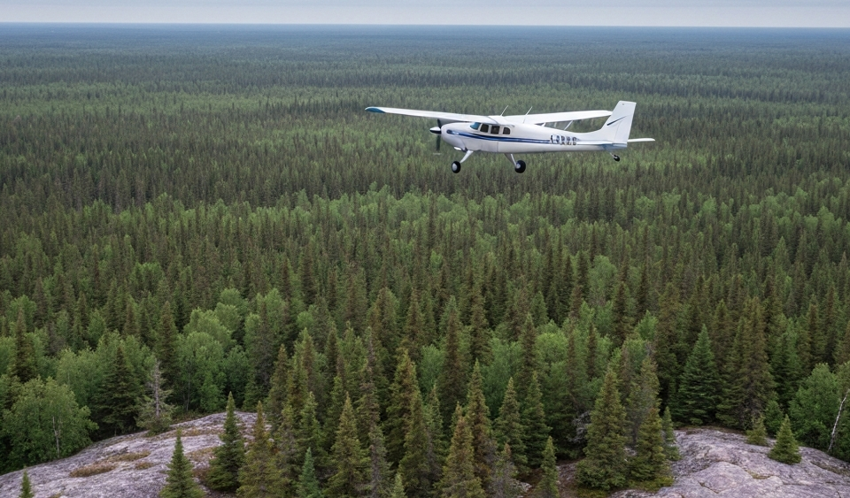 Kleines Vermessungsflugzeug über borealer Landschaft in Ontario für einen geophysikalischen Airborne-Survey