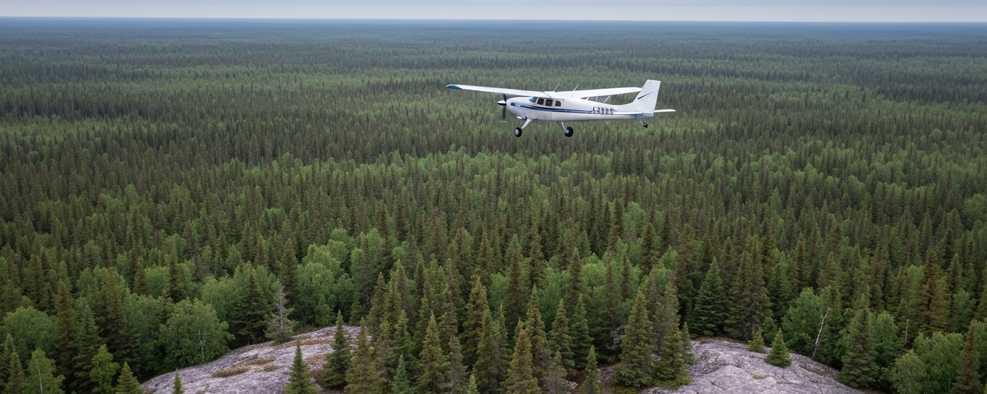 Small survey aircraft over boreal landscape in Ontario conducting an airborne geophysical survey