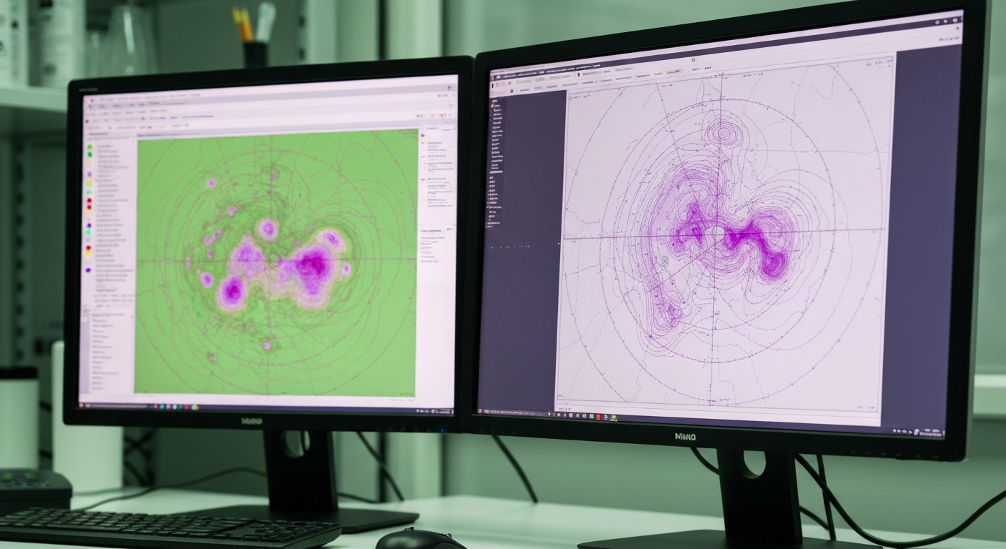 Geophysicist analyzing colorful anomaly maps on monitors in a laboratory