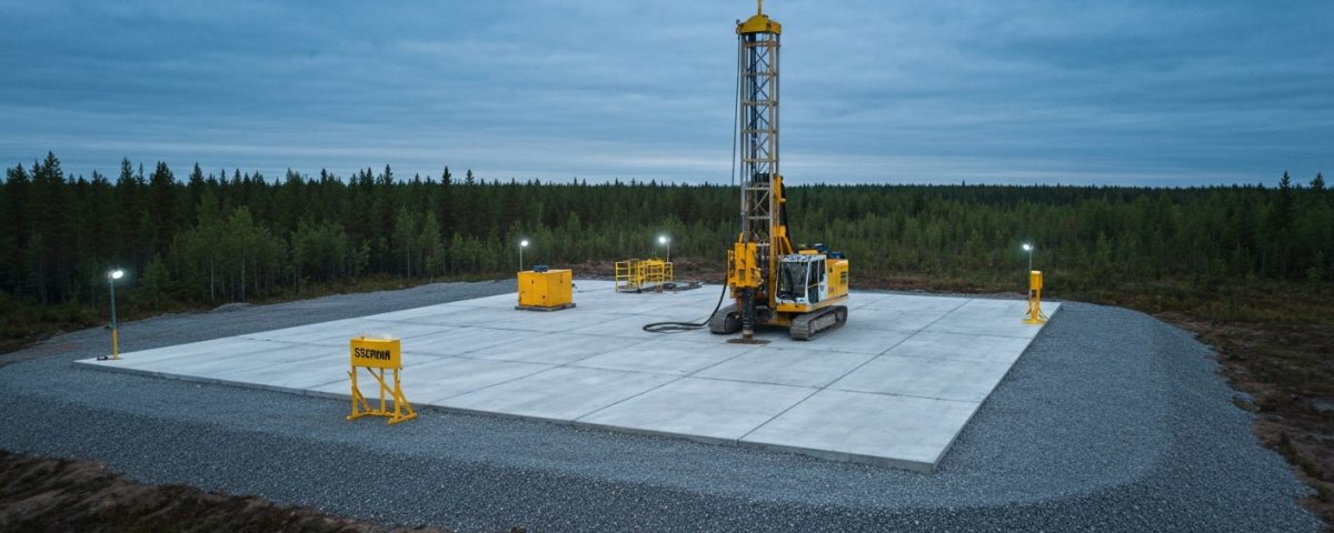 Bohranlage im schwedischen Borealen Wald unter stahlblauem Himmel – Uran-Explorationsgebiet