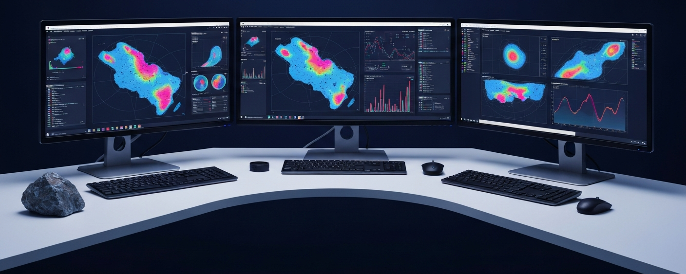 AI-generated geological map on monitors – algorithms for uranium exploration