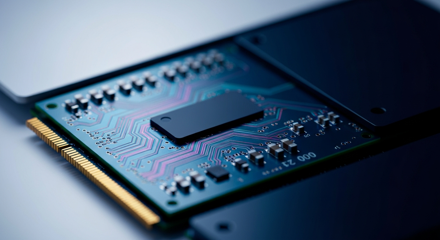 GPU circuit board with iridescent cyan-magenta shimmer – computing power for AI exploration
