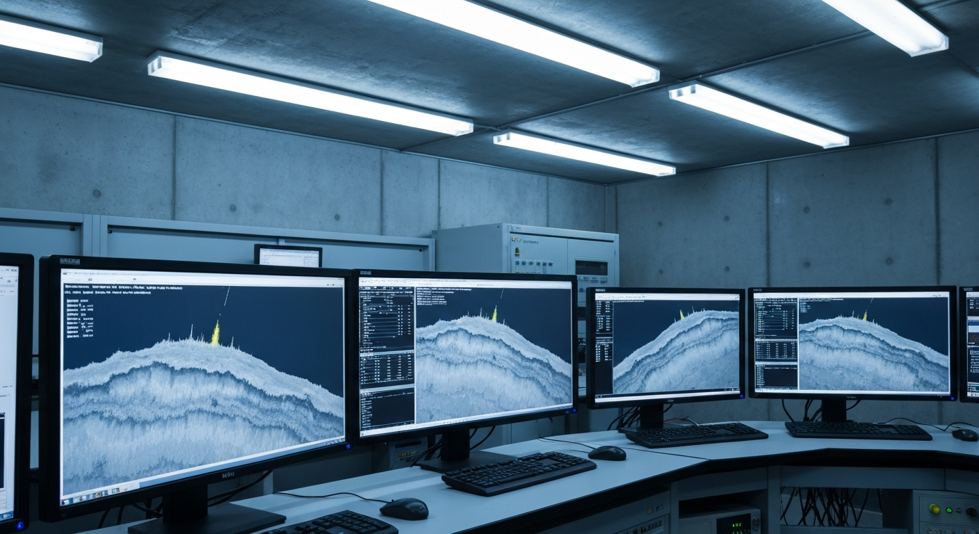 Geophysikalische Datenauswertung: 3D-Untergrundmodell auf Monitoren in technischer Analysestation