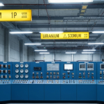 Kontrollraum einer Uranaufbereitungsanlage mit stahlblauen Instrumentenpanelen und Betongrau