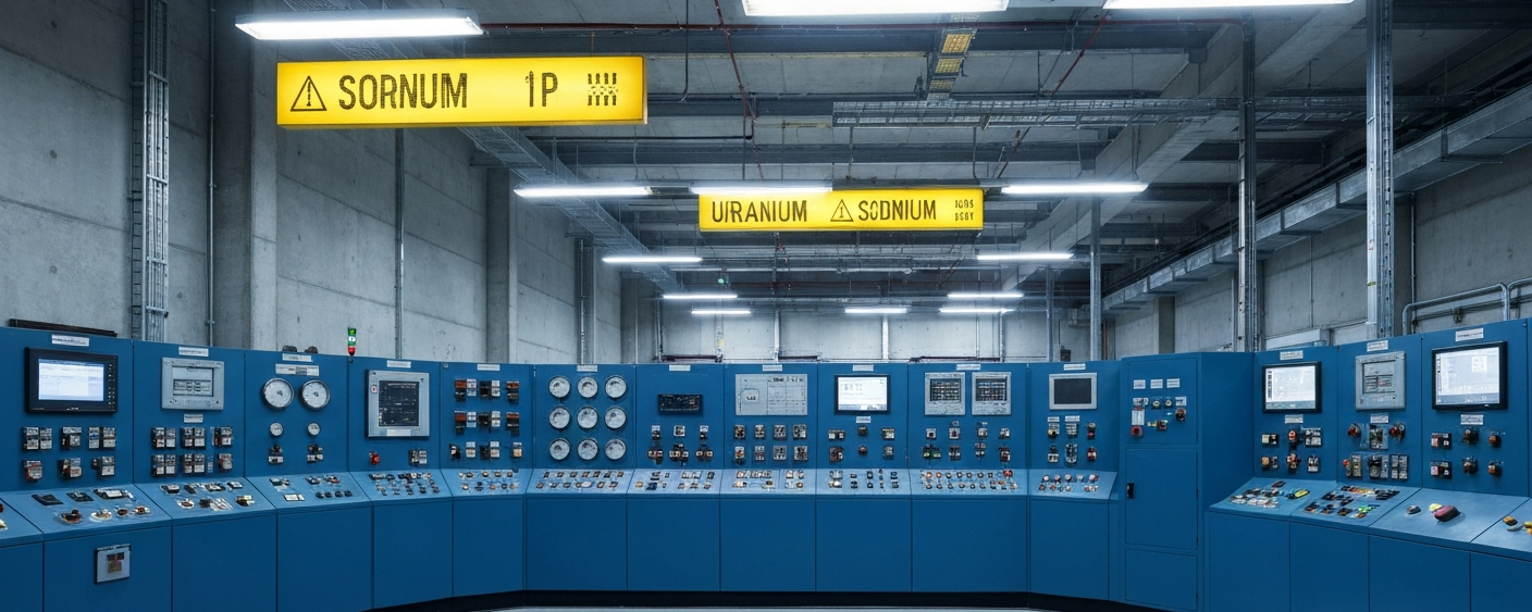 Kontrollraum einer Uranaufbereitungsanlage mit stahlblauen Instrumentenpanelen und Betongrau