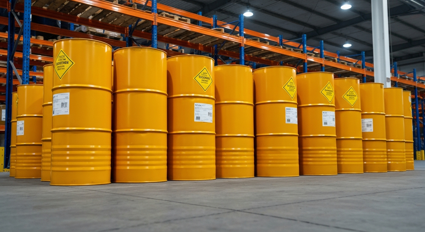 Yellowcake-Fässer auf grauem Betonboden eines Industrielagers mit stahlblauem Regal