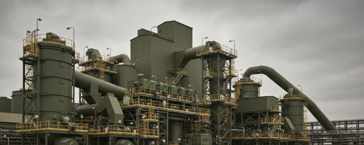 Kupferverarbeitungsanlage unter bedecktem Himmel in gedeckten Industriefarben