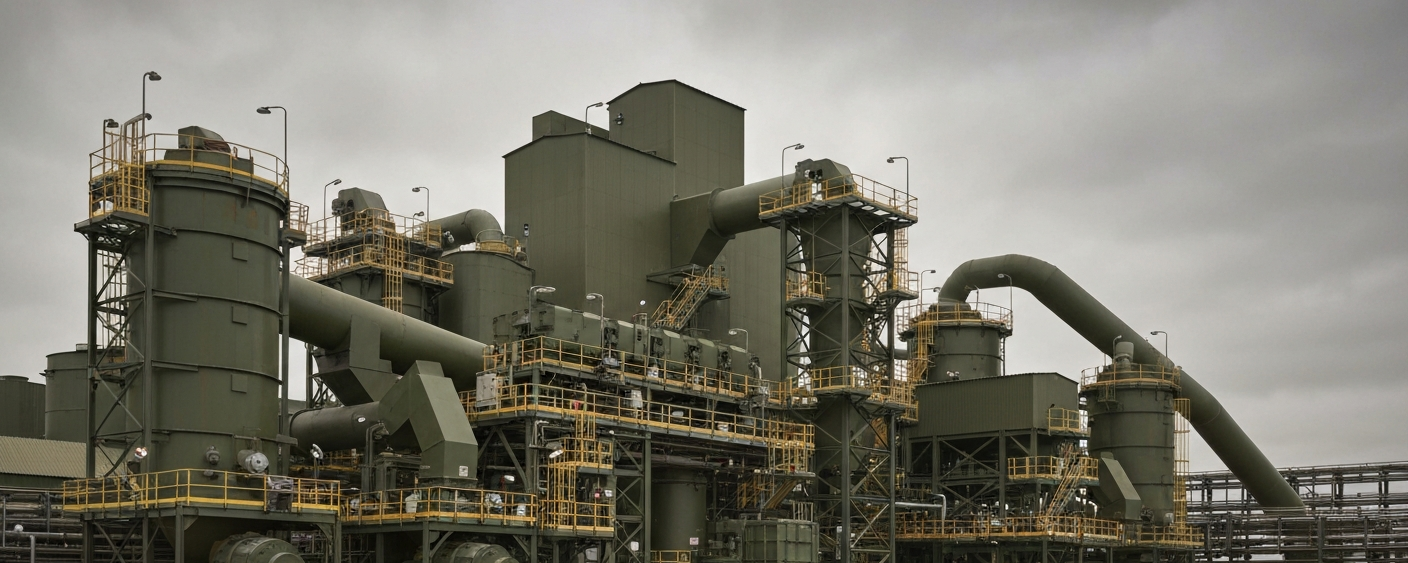 Kupferverarbeitungsanlage unter bedecktem Himmel in gedeckten Industriefarben
