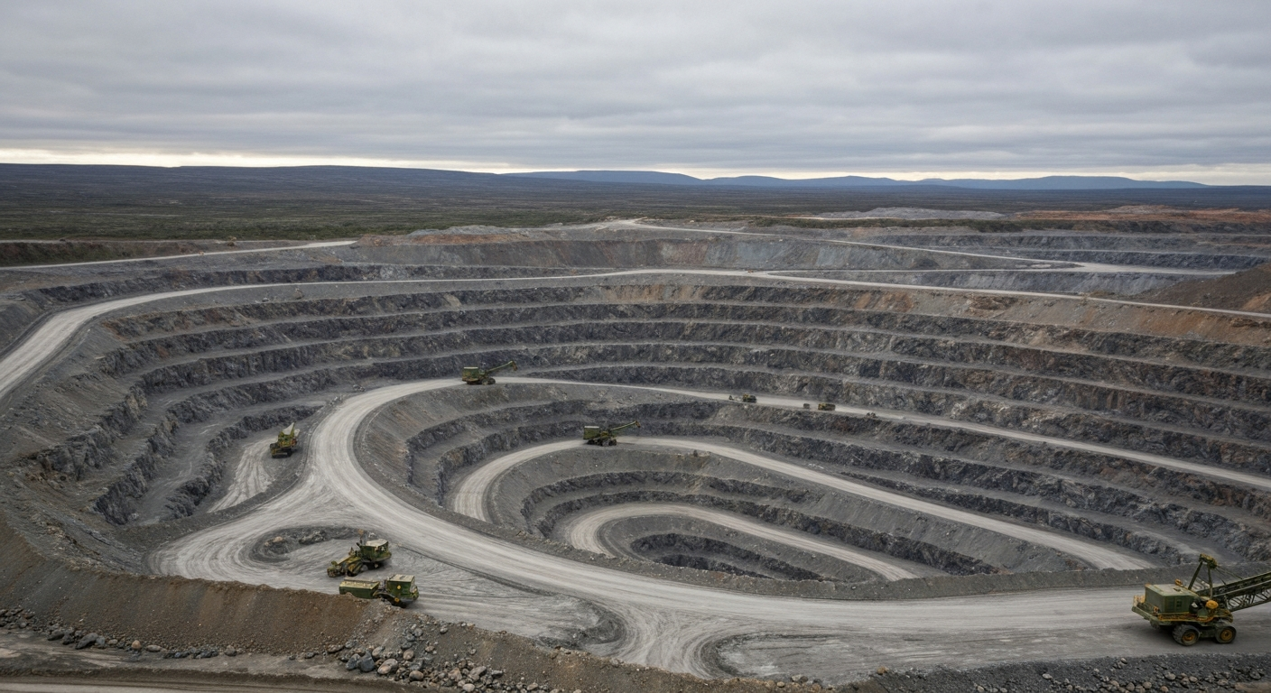 Luftaufnahme eines Kupfer-Tagebaus in subarktischer Landschaft