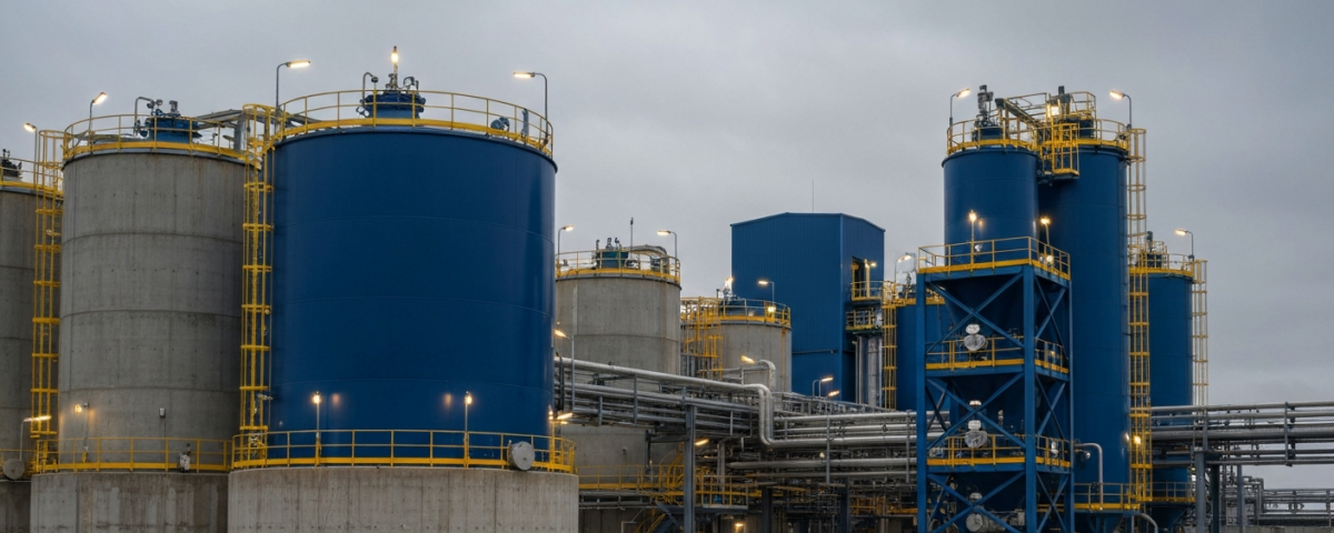 Außenansicht einer Uranverarbeitungsanlage unter bedecktem Himmel mit stahlblauer Industriestruktur
