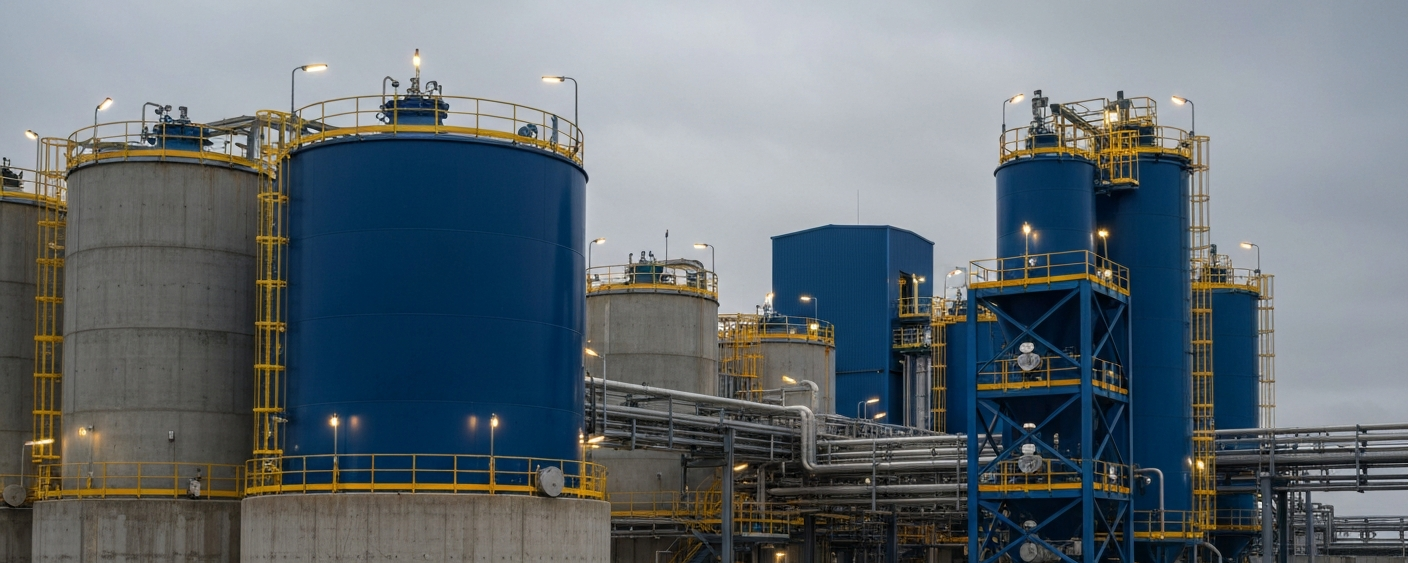 Außenansicht einer Uranverarbeitungsanlage unter bedecktem Himmel mit stahlblauer Industriestruktur